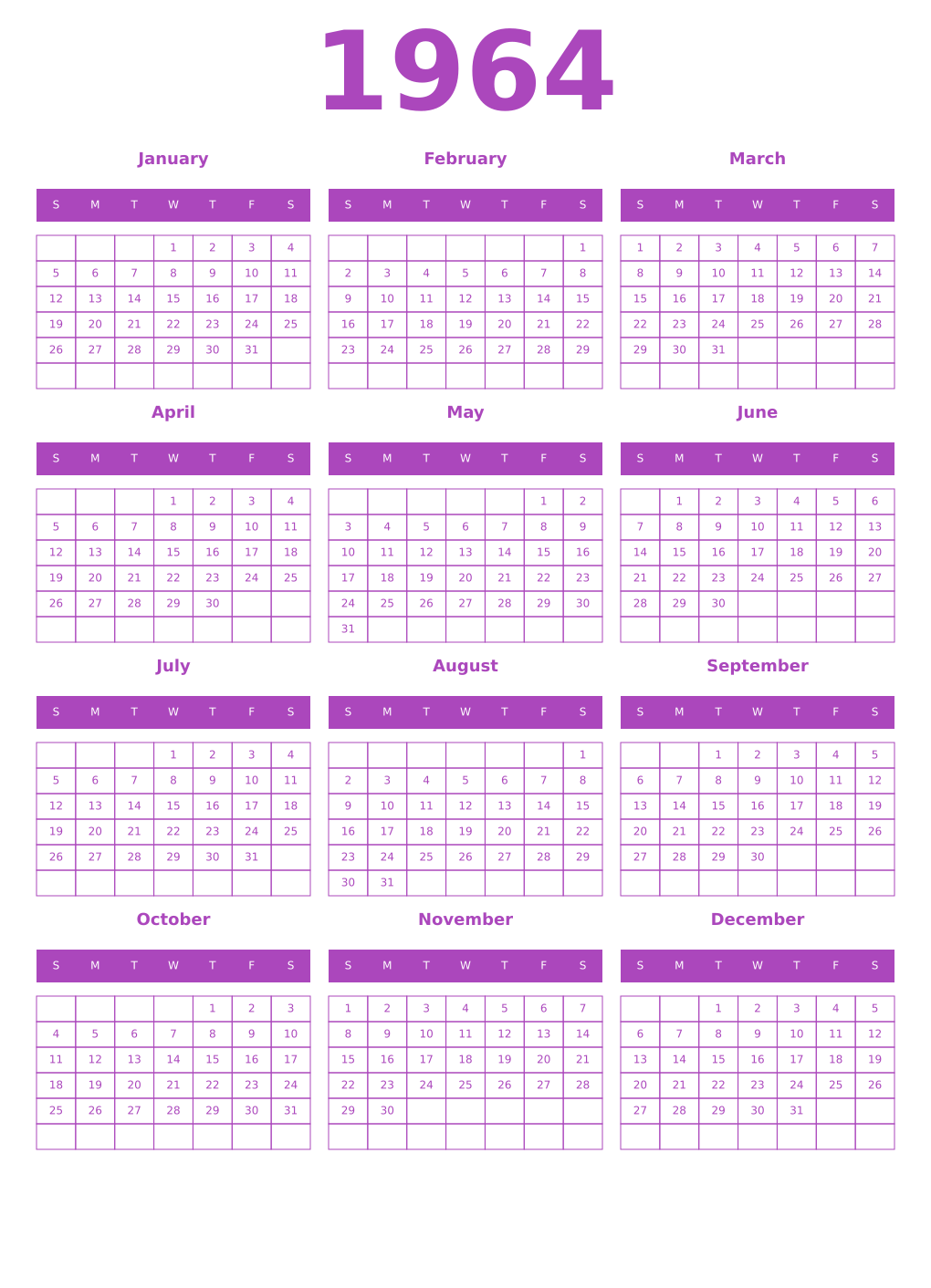 Printable 1964 Year Calendars purple