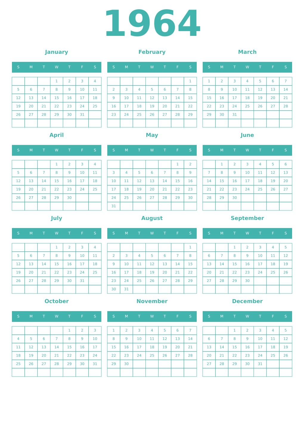 Printable 1964 Year Calendars verdigris