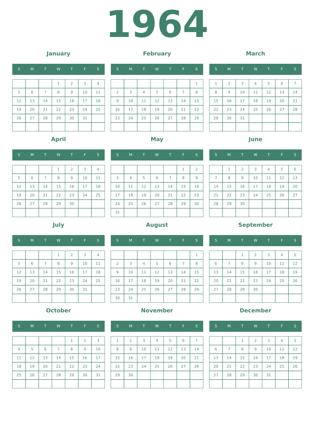 Printable 1964 Year Calendars viridian