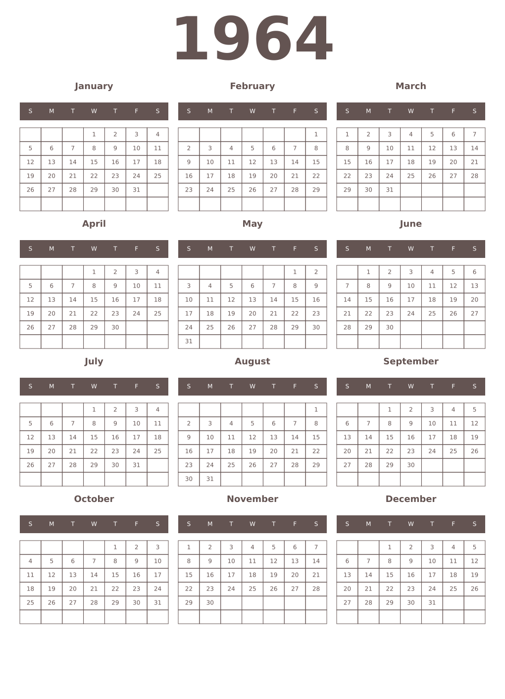 Printable 1964 Year Calendars wenge