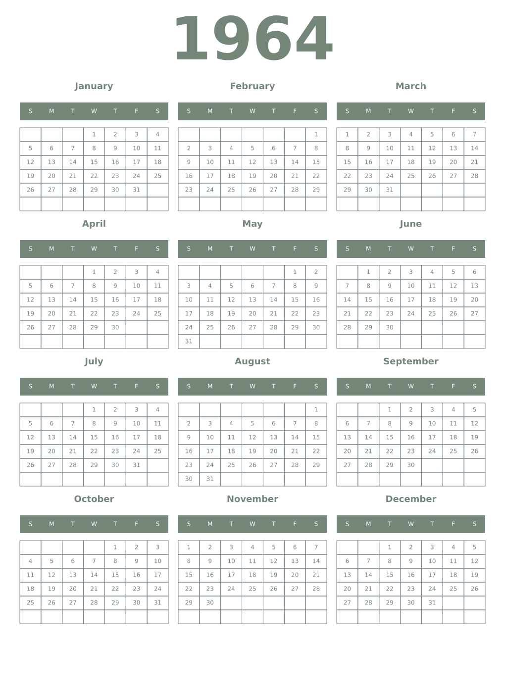 Printable 1964 Year Calendars xanadu