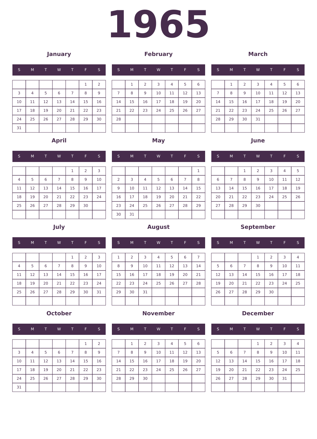 Printable 1965 Year Calendars aubergine
