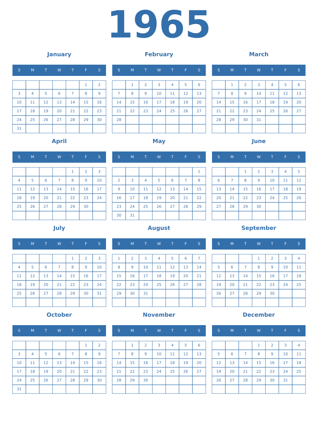 Printable 1965 Year Calendars blue