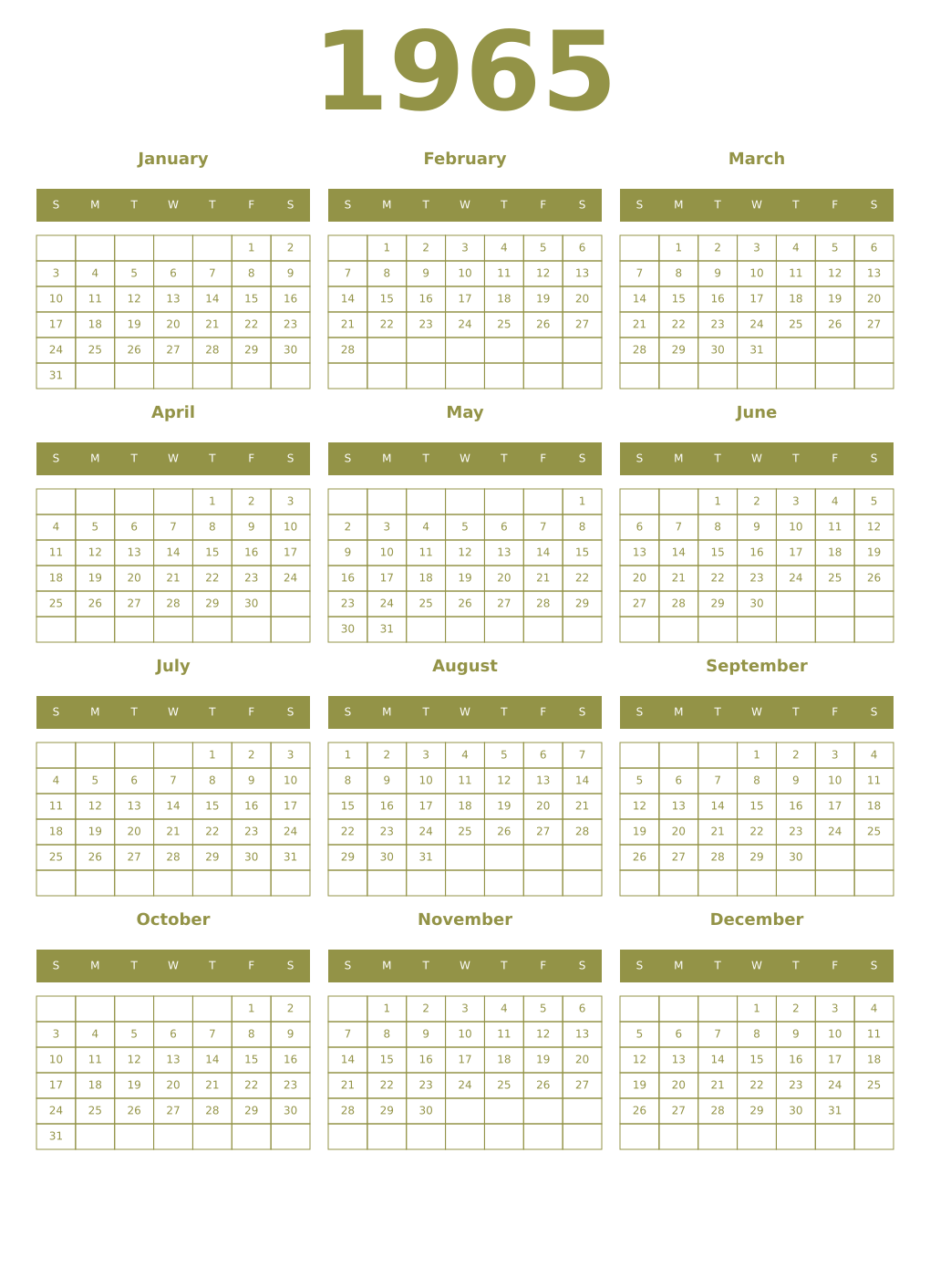 Printable 1965 Year Calendars eburnean