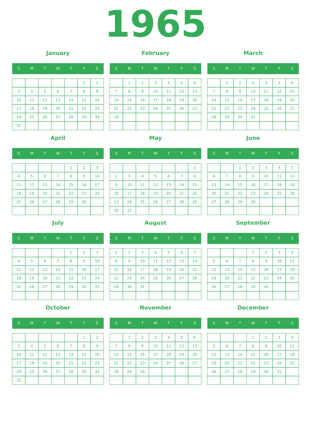Printable 1965 Year Calendars green