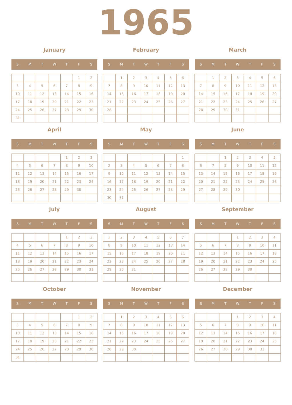 Printable 1965 Year Calendars isabelline
