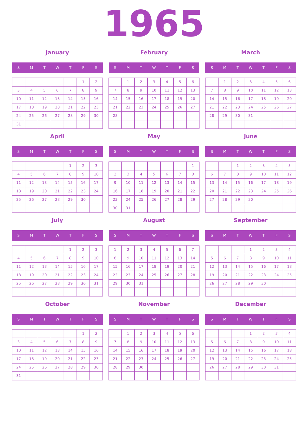 Printable 1965 Year Calendars purple