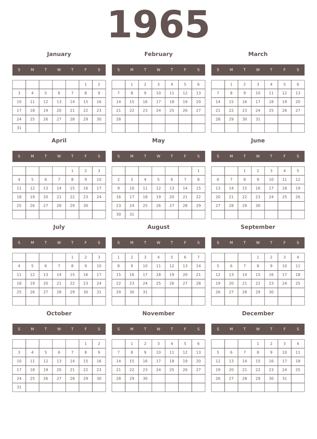 Printable 1965 Year Calendars wenge