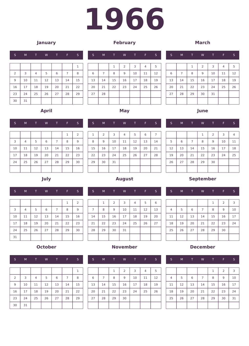 Printable 1966 Year Calendars aubergine