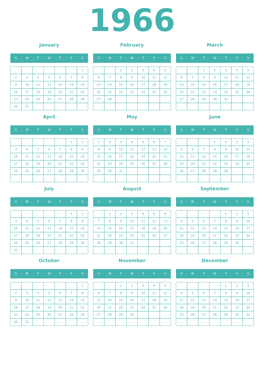 Printable 1966 Year Calendars verdigris