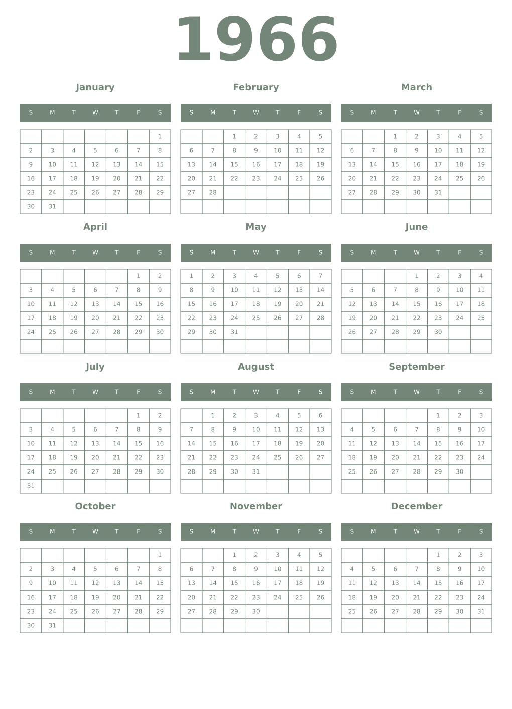 Printable 1966 Year Calendars xanadu