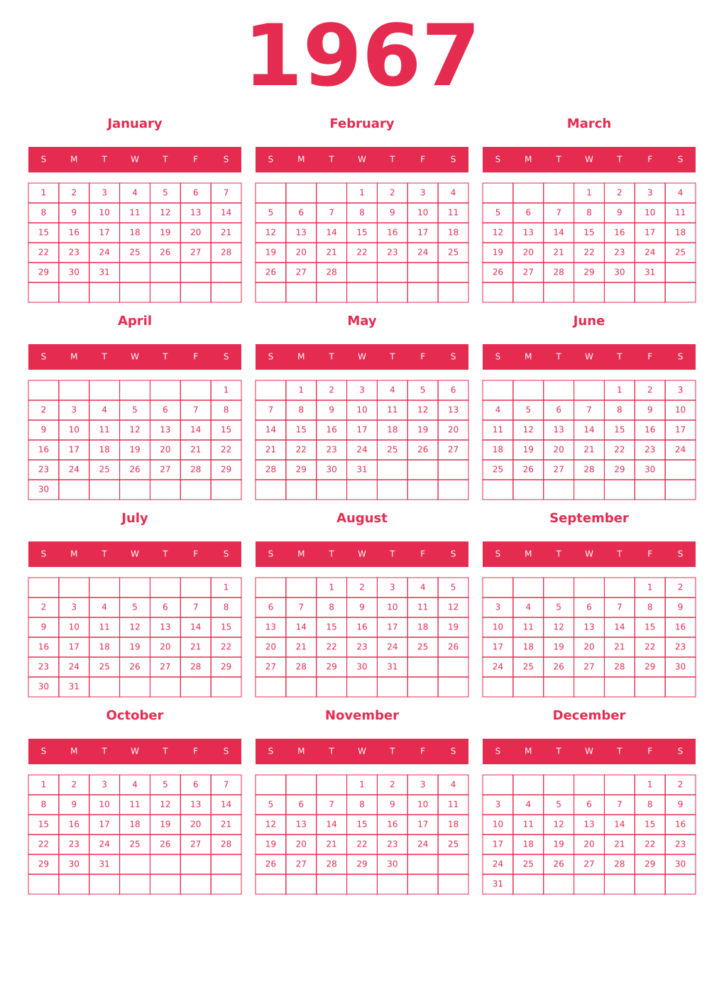 Printable 1967 Year Calendars amaranth