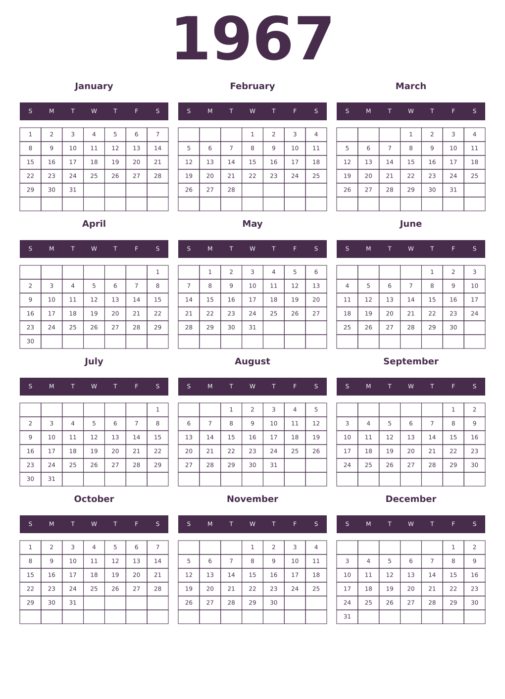 Printable 1967 Year Calendars aubergine