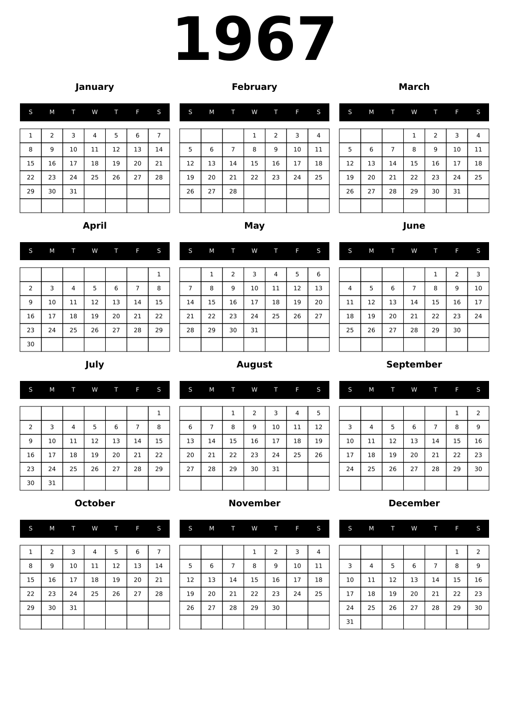 Printable 1967 Year Calendars black