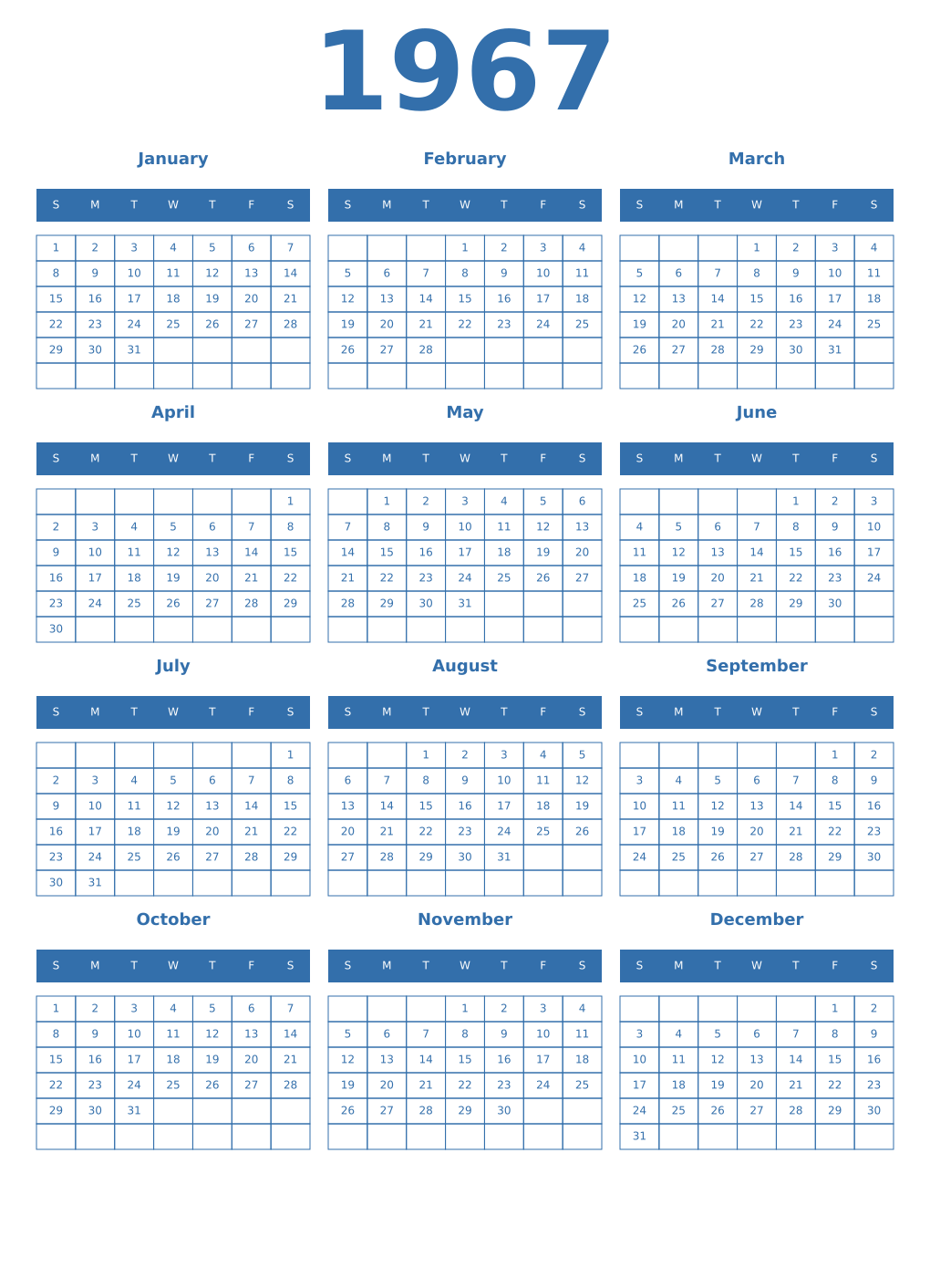 Printable 1967 Year Calendars blue