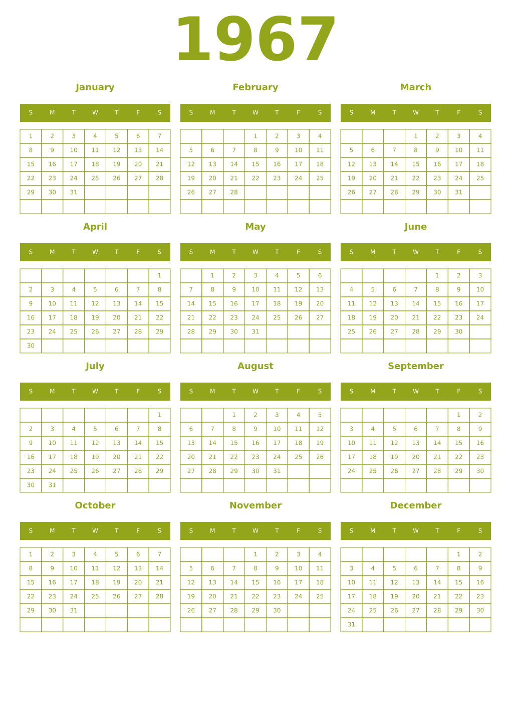 Printable 1967 Year Calendars chartreuse