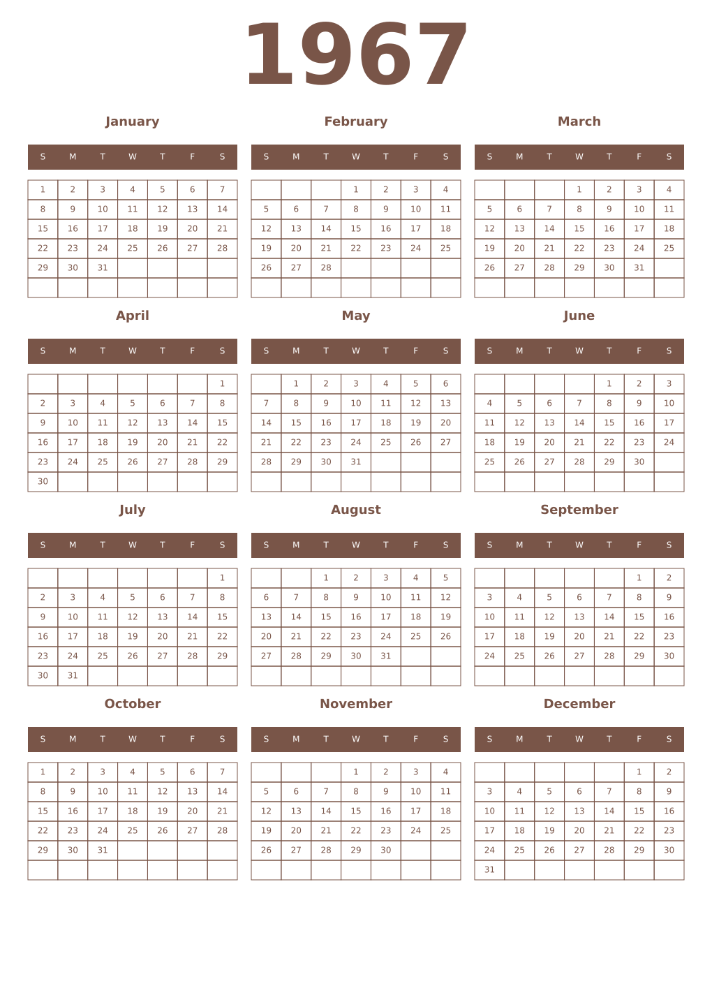 Printable 1967 Year Calendars coffe