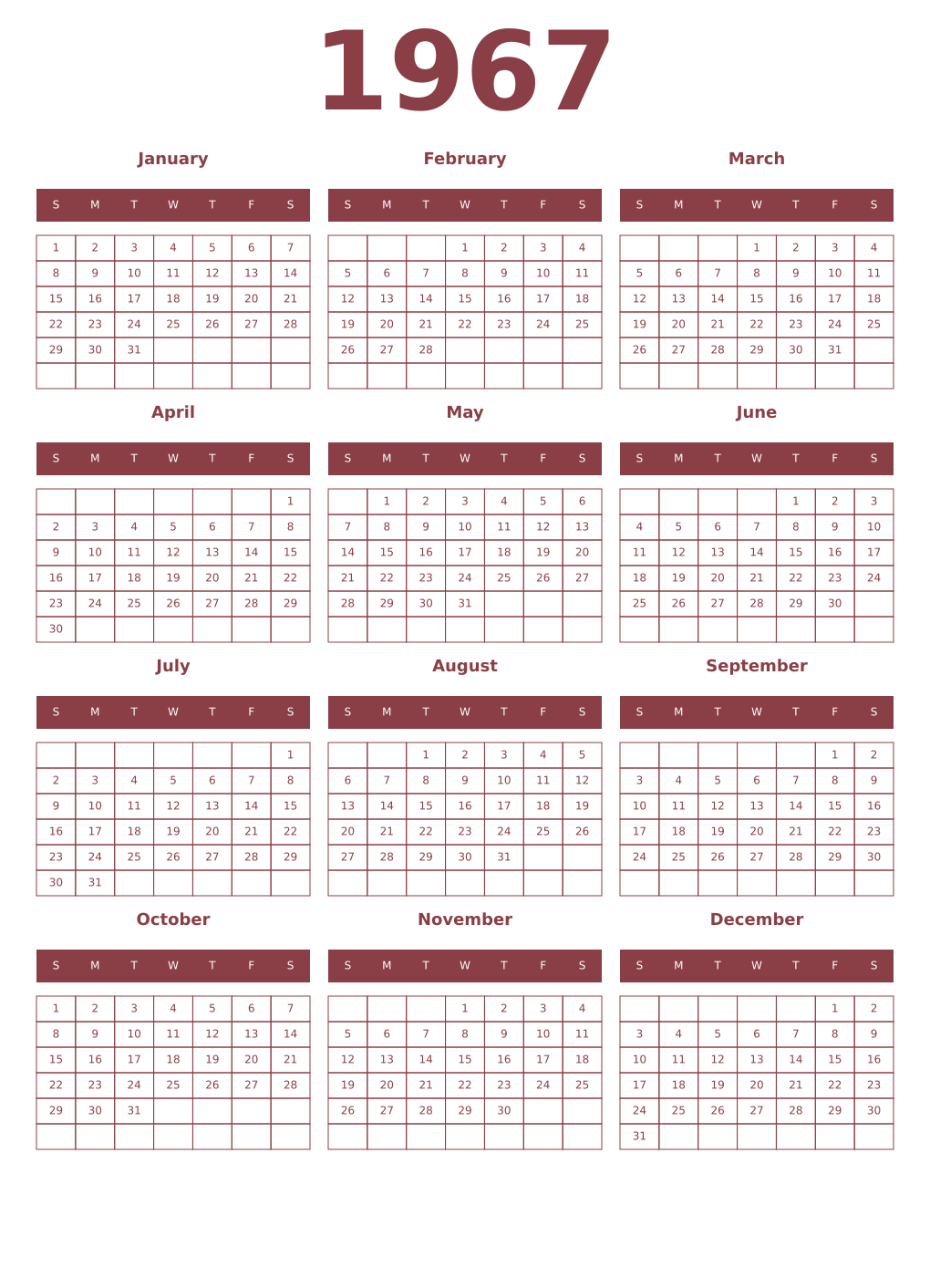 Printable 1967 Year Calendars cordovan