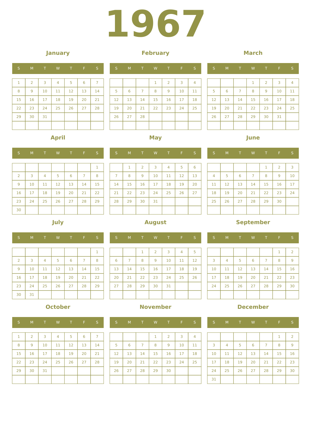 Printable 1967 Year Calendars eburnean
