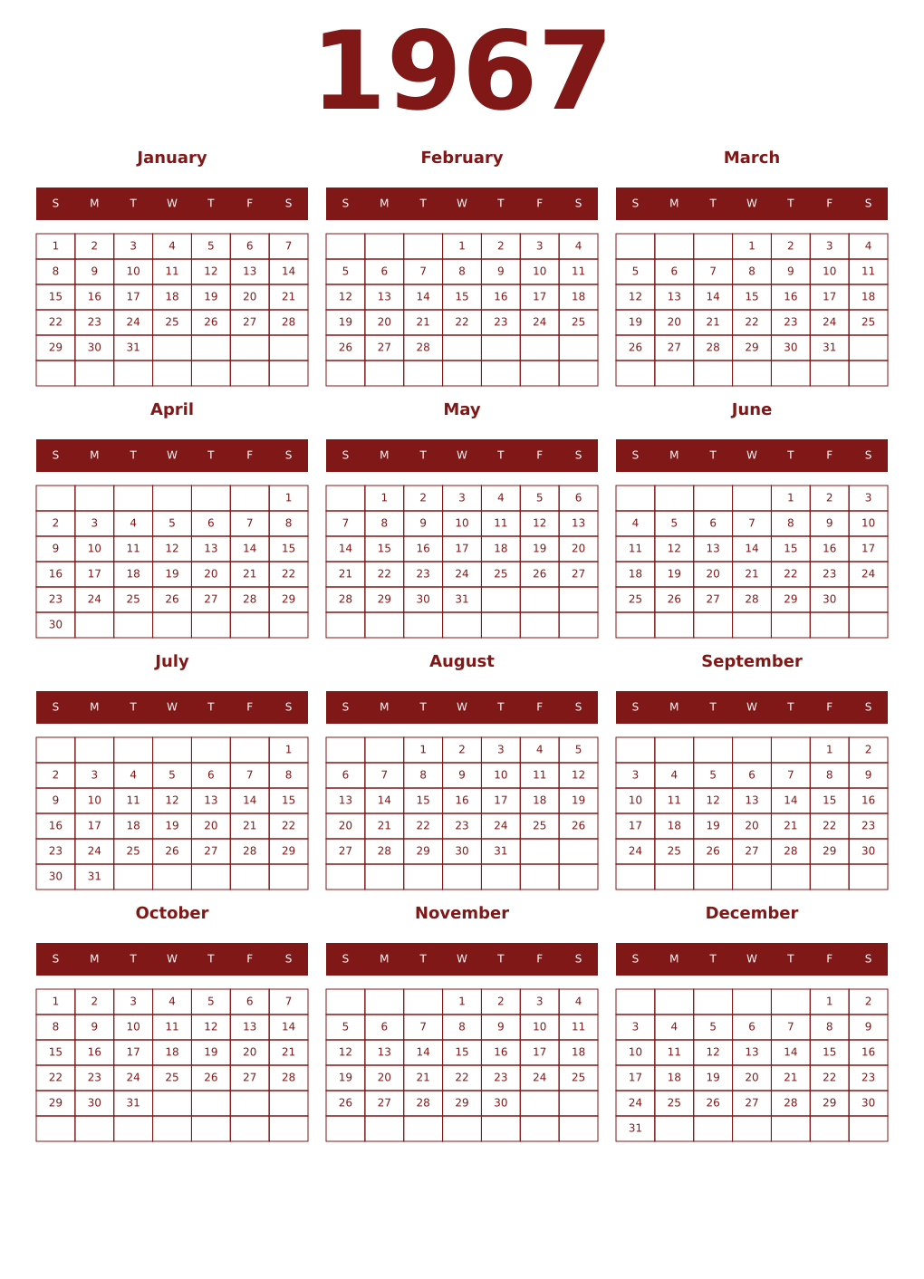 Printable 1967 Year Calendars falu