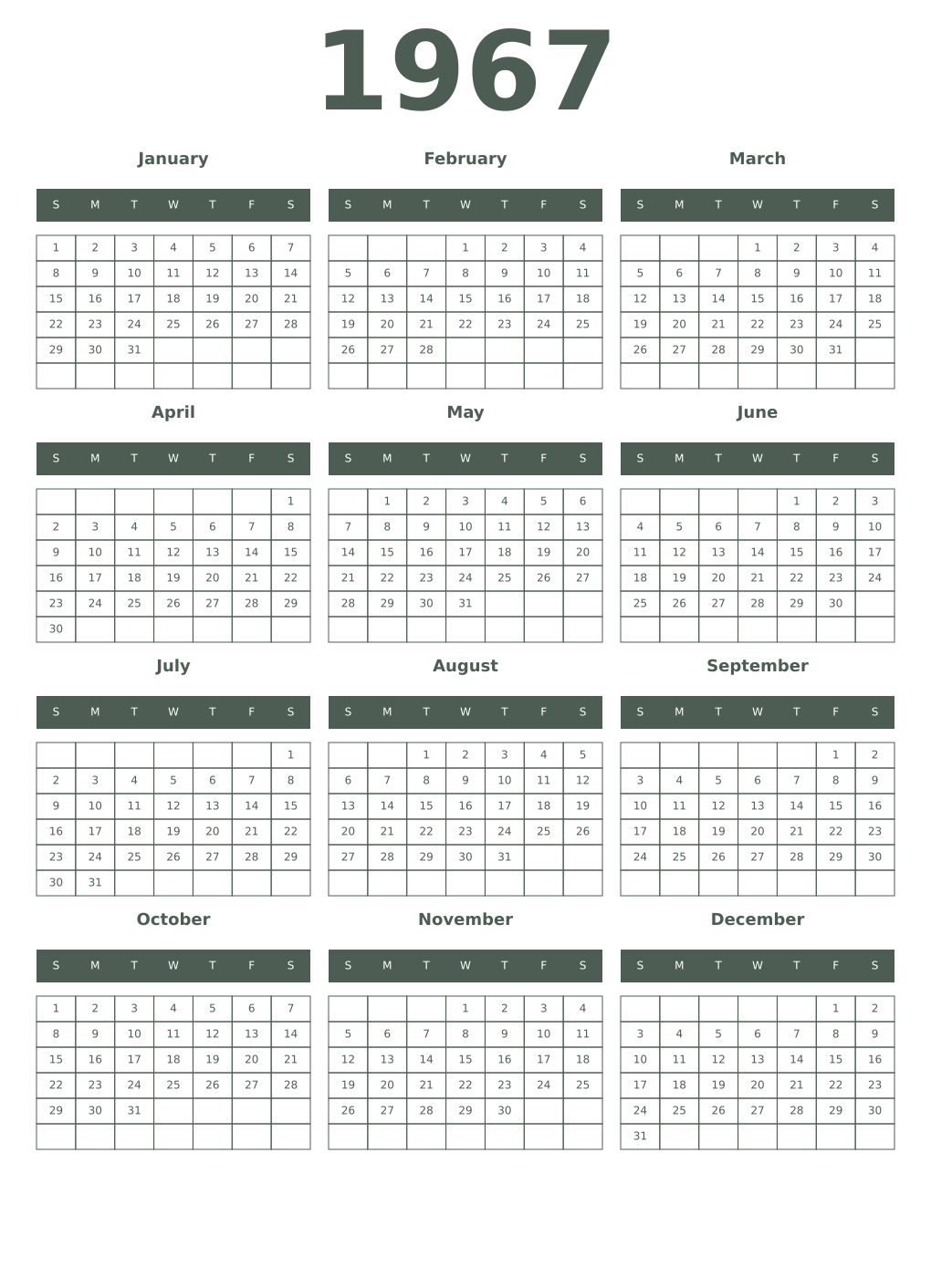 Printable 1967 Year Calendars feldgrau