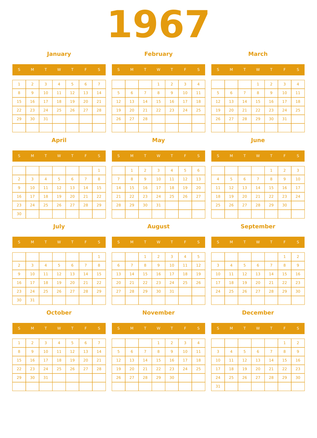 Printable 1967 Year Calendars gamboge
