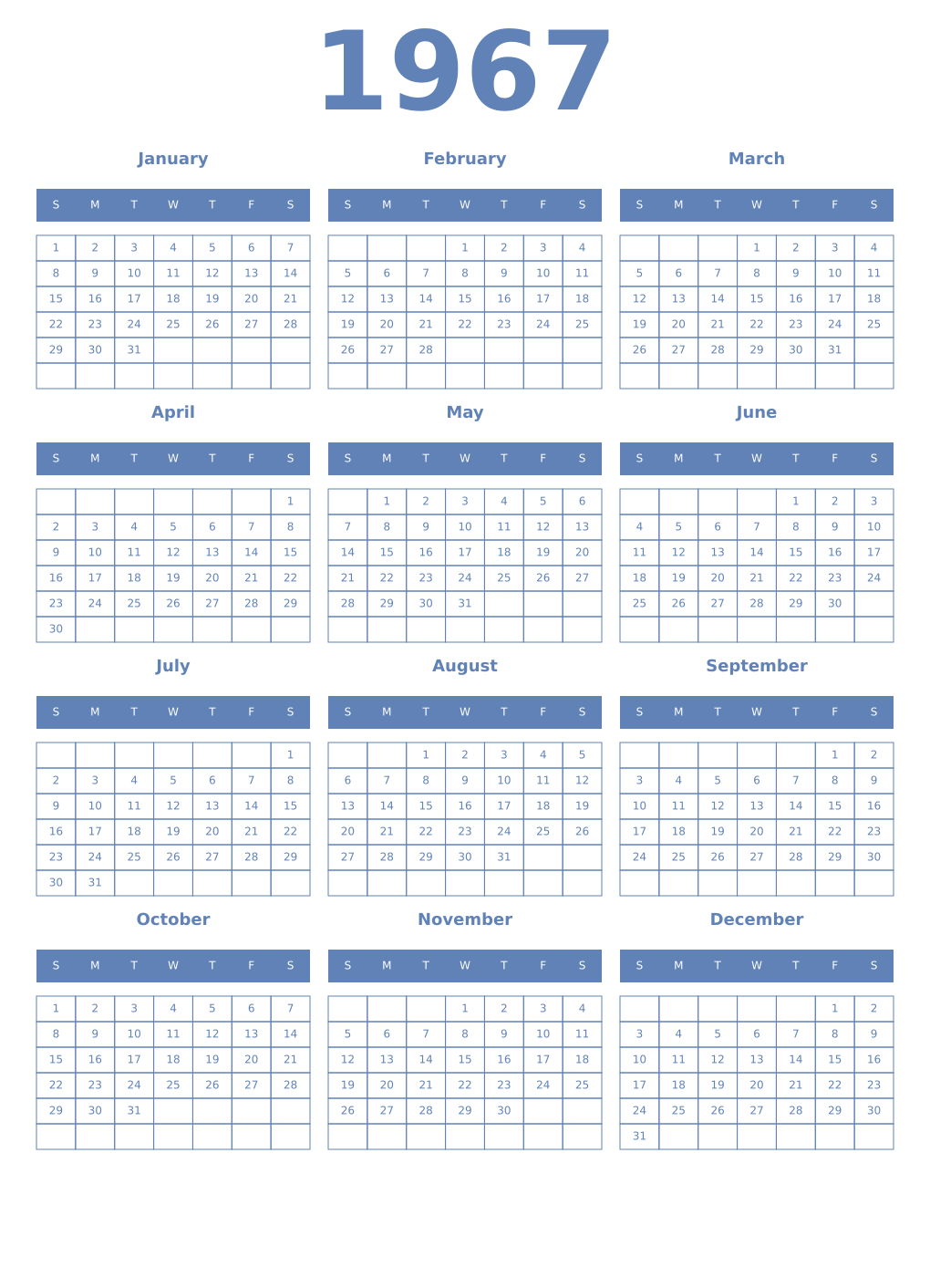 Printable 1967 Year Calendars glaucous