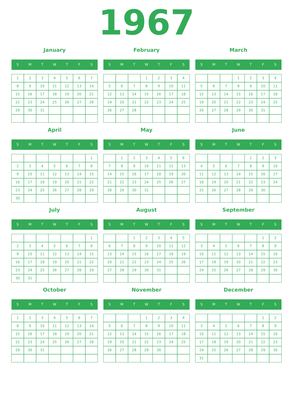 Printable 1967 Year Calendars green