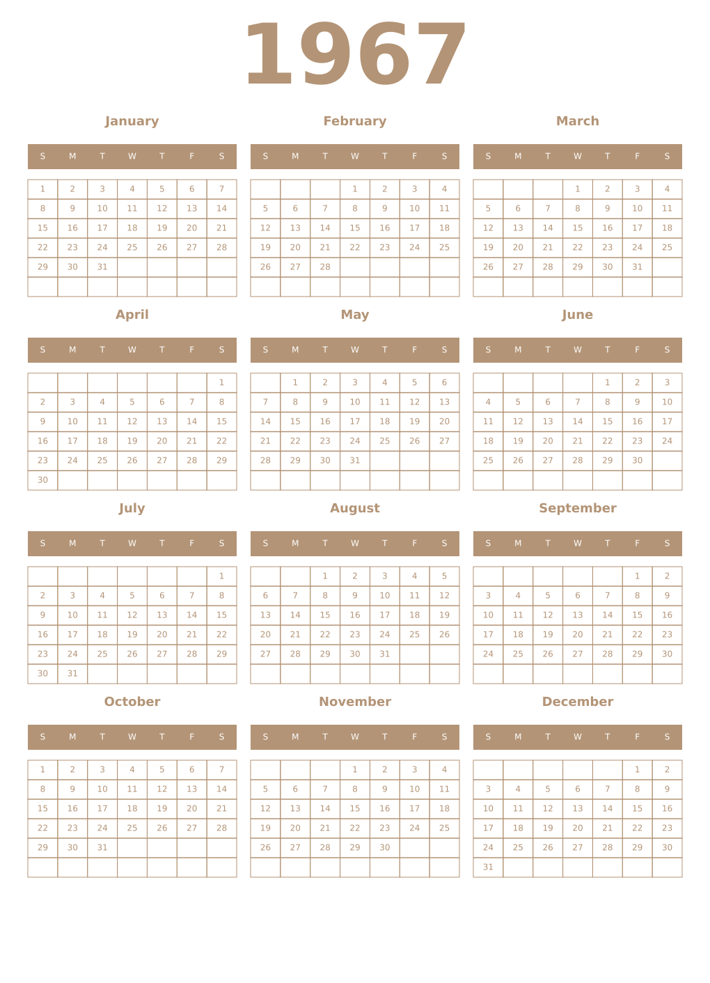Printable 1967 Year Calendars isabelline