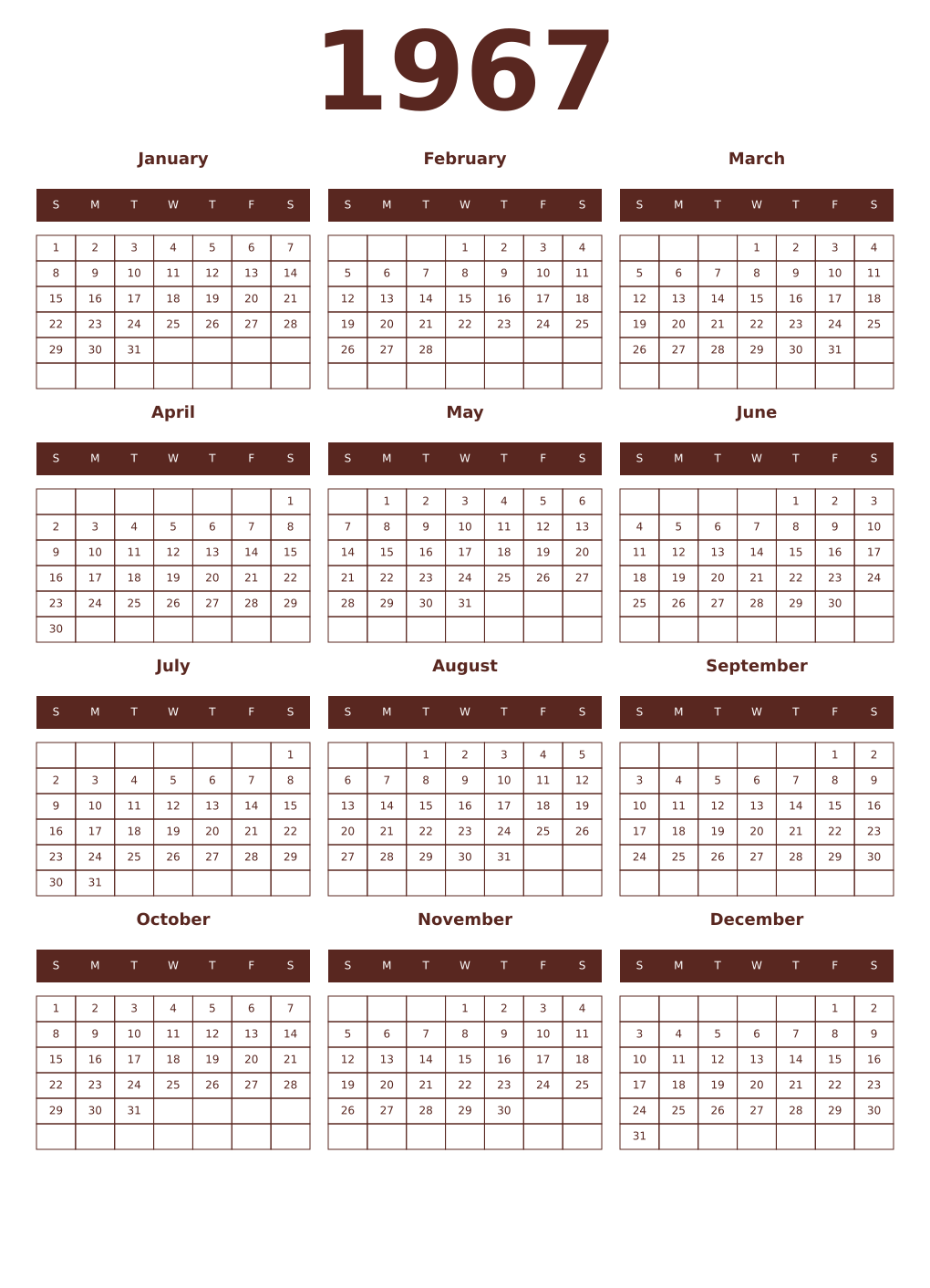 Printable 1967 Year Calendars mortuum