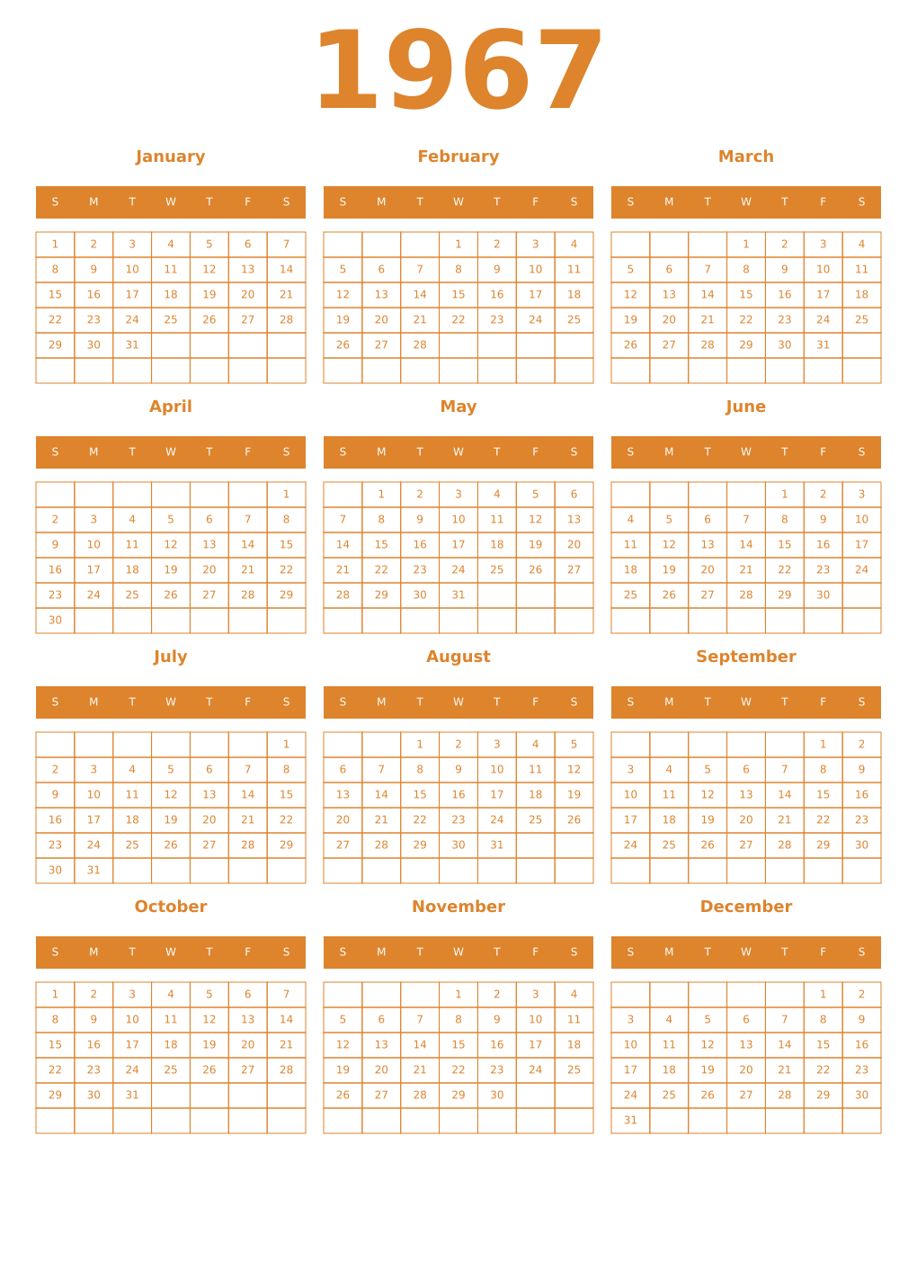 Printable 1967 Year Calendars orange