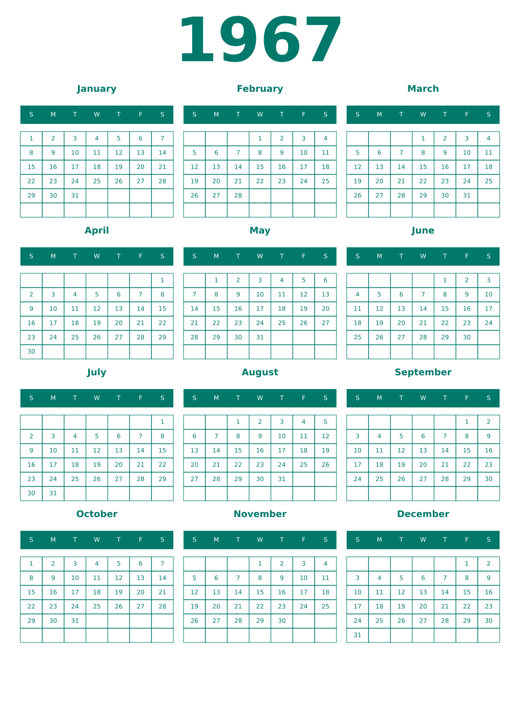 Printable 1967 Year Calendars pastel