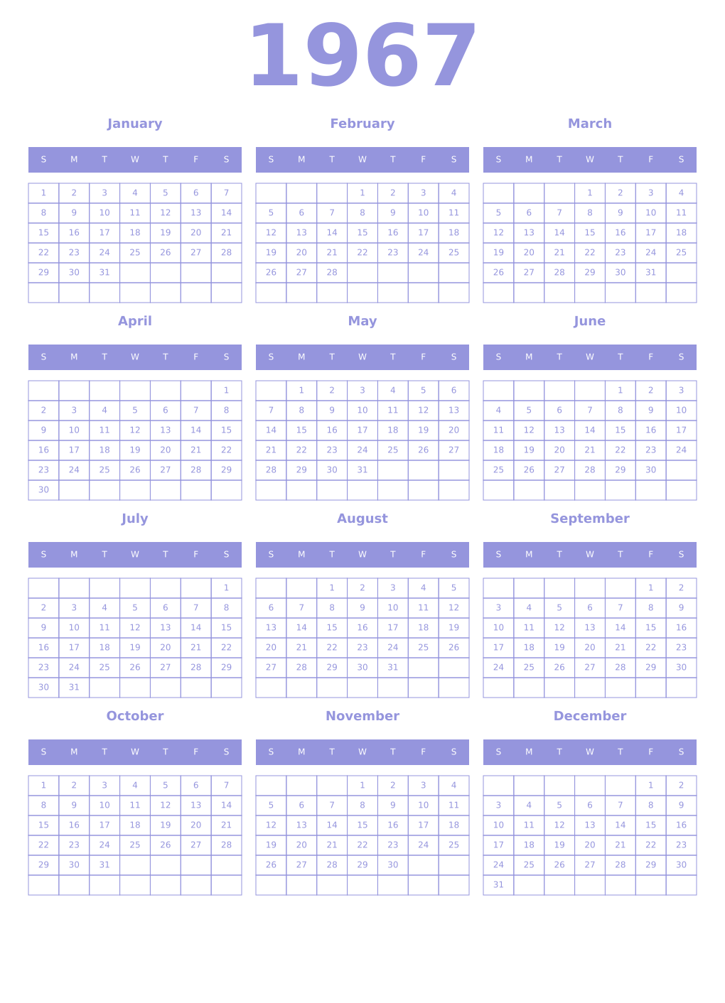 Printable 1967 Year Calendars periwinkle