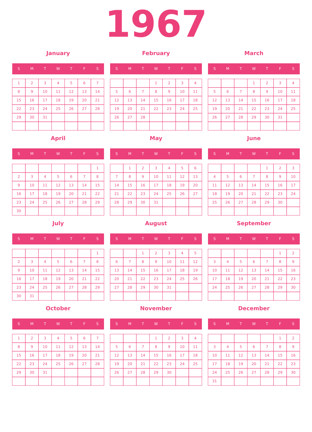 Printable 1967 Year Calendars pink