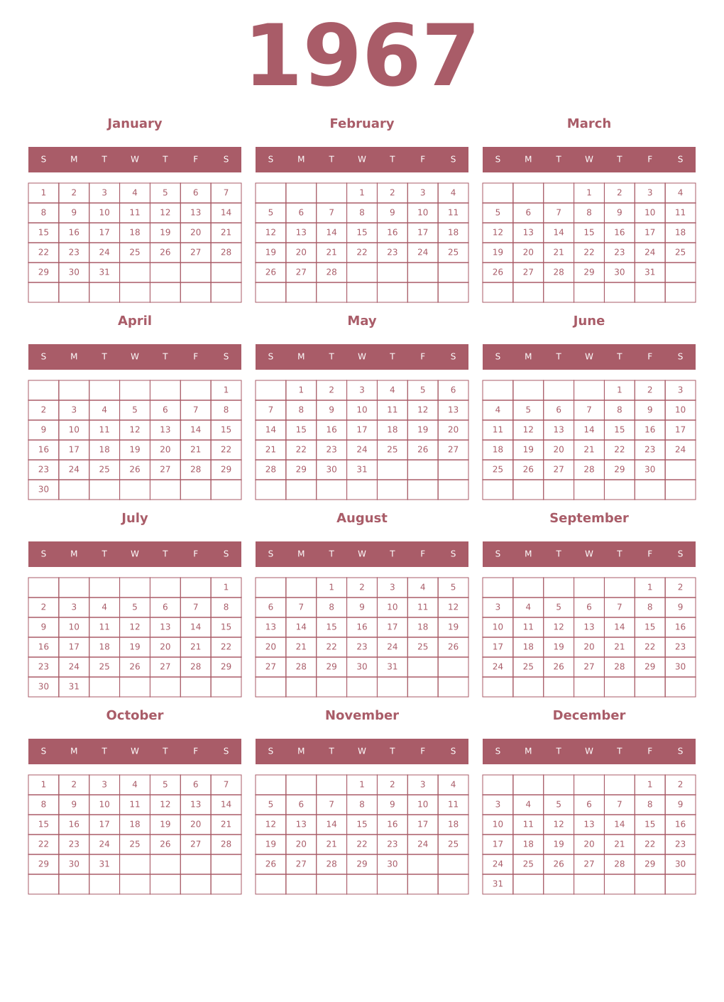 Printable 1967 Year Calendars puce