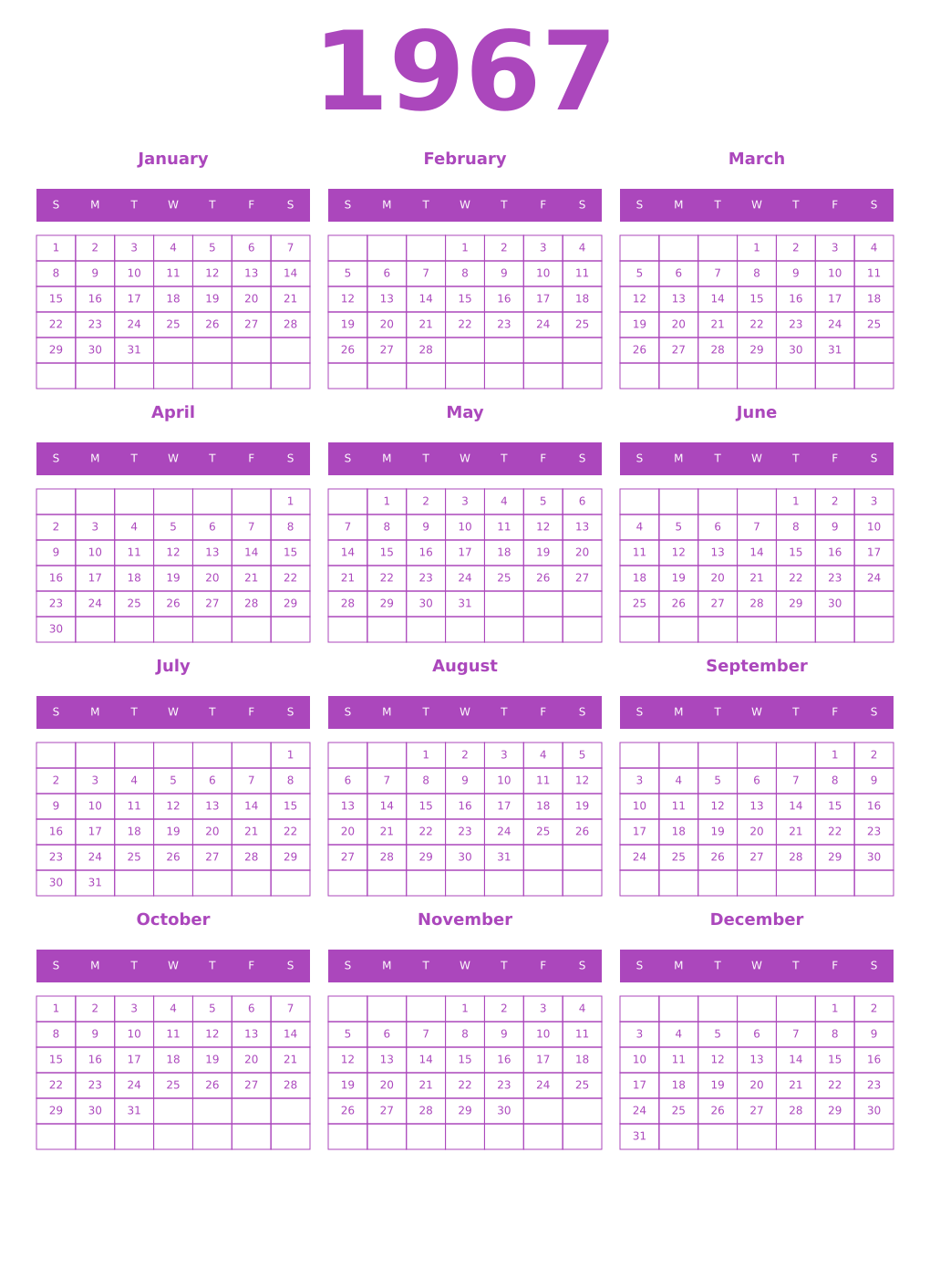 Printable 1967 Year Calendars purple