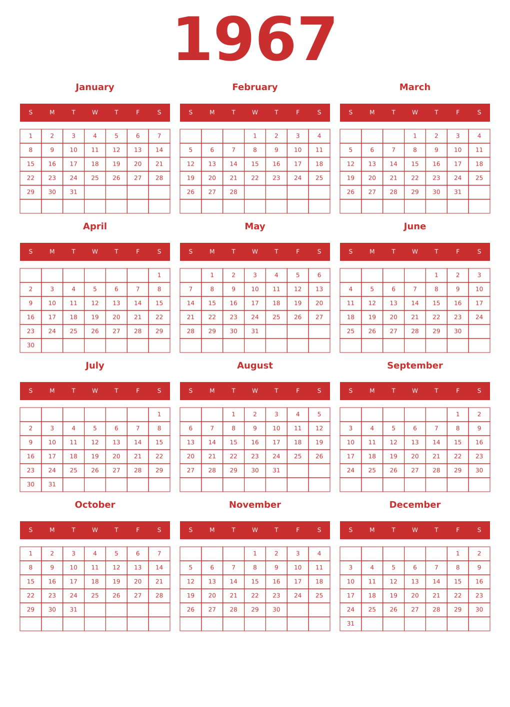 Printable 1967 Year Calendars red