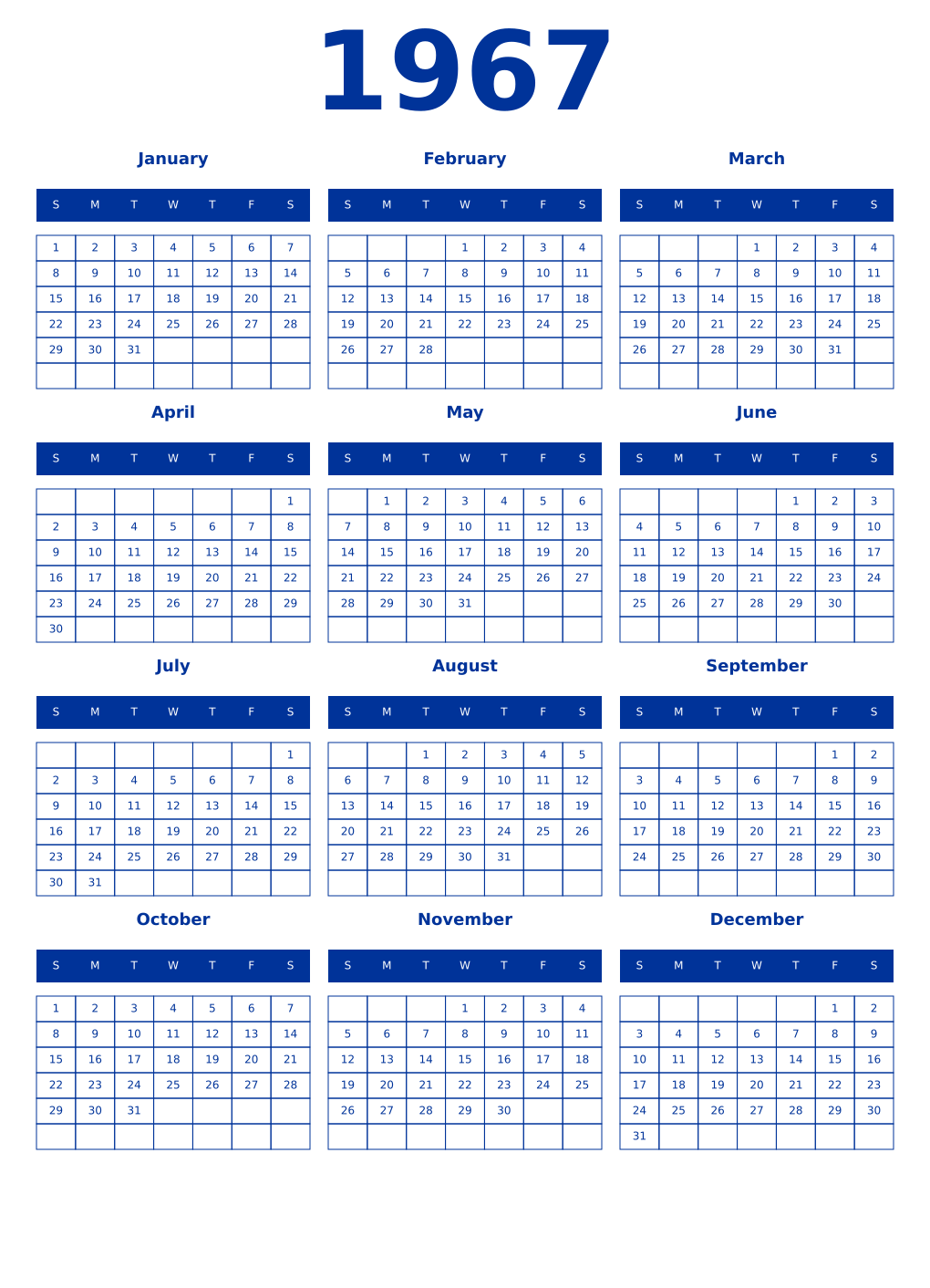 Printable 1967 Year Calendars smalt