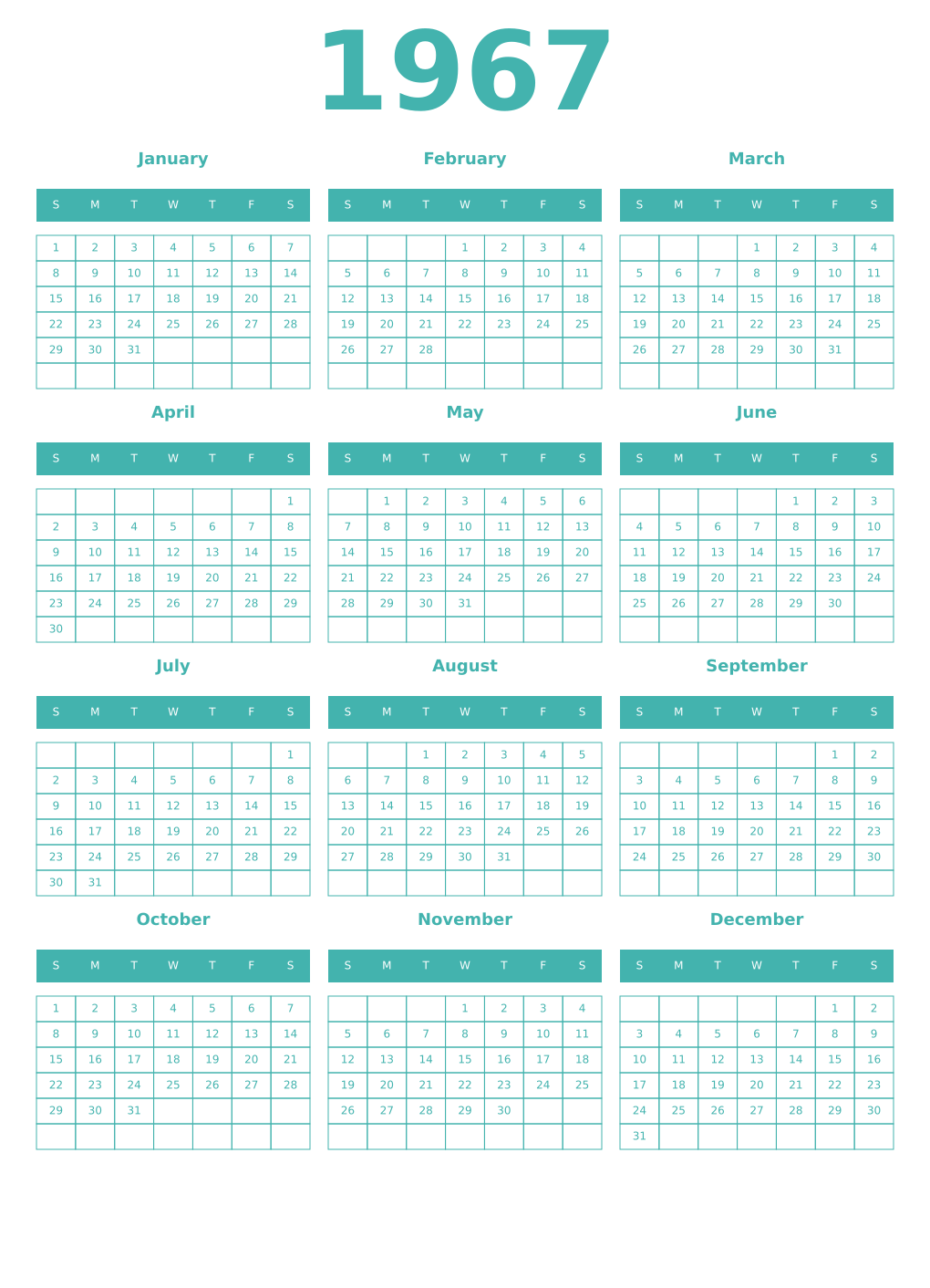 Printable 1967 Year Calendars verdigris