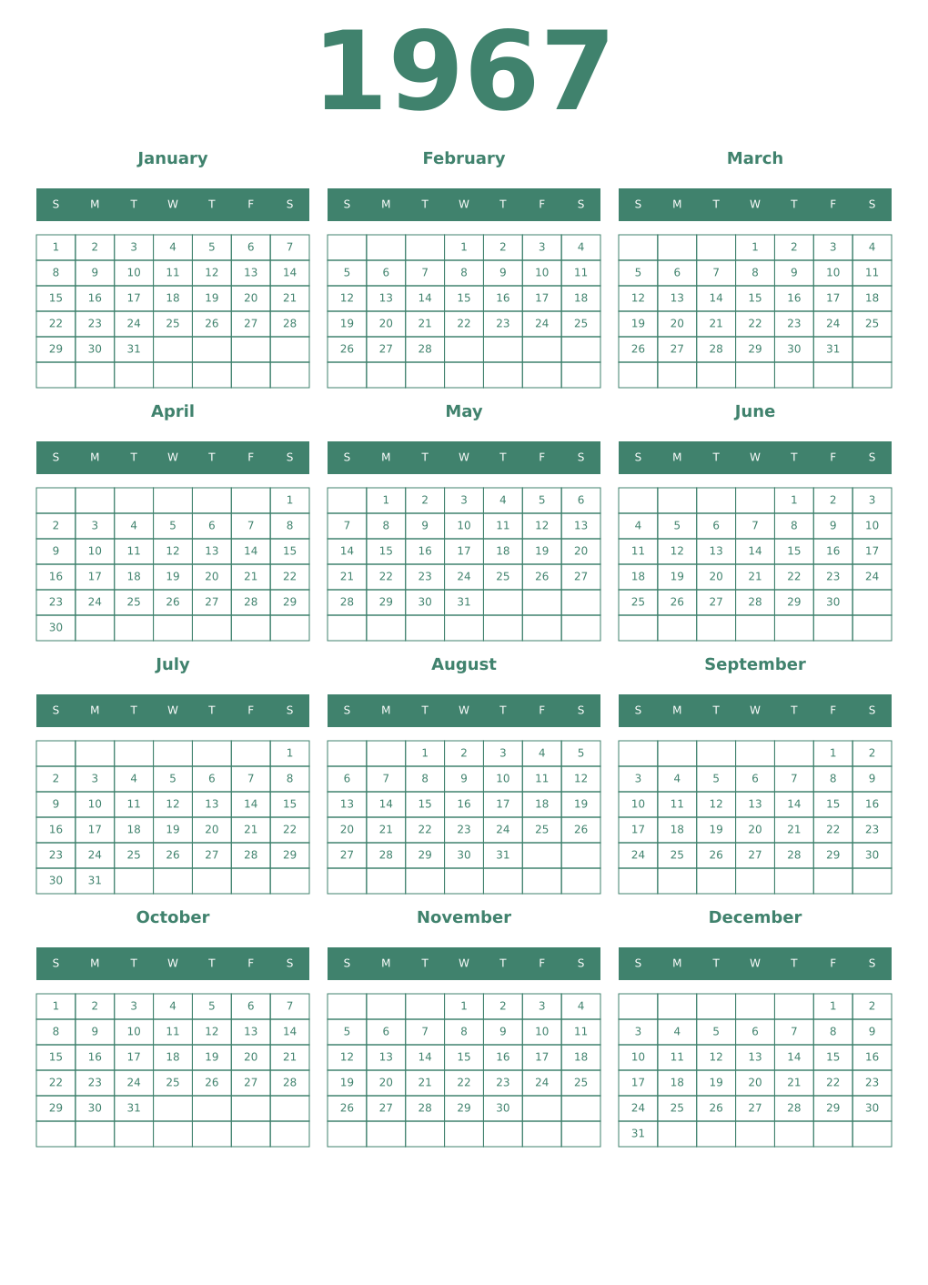Printable 1967 Year Calendars viridian