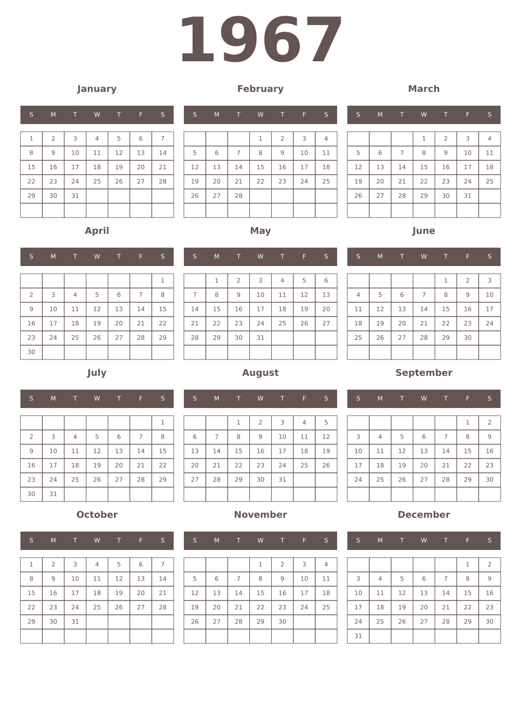 Printable 1967 Year Calendars wenge