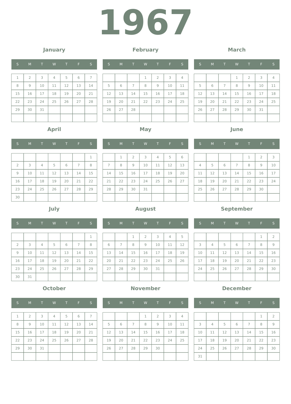 Printable 1967 Year Calendars xanadu
