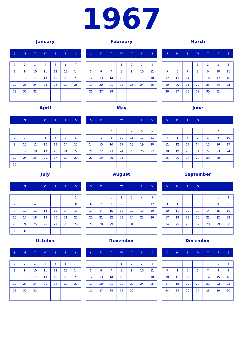 Printable 1967 Year Calendars zaffre