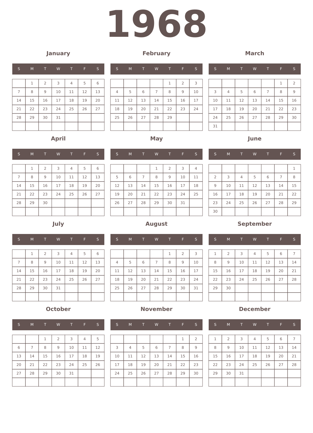 Printable 1968 Year Calendars wenge