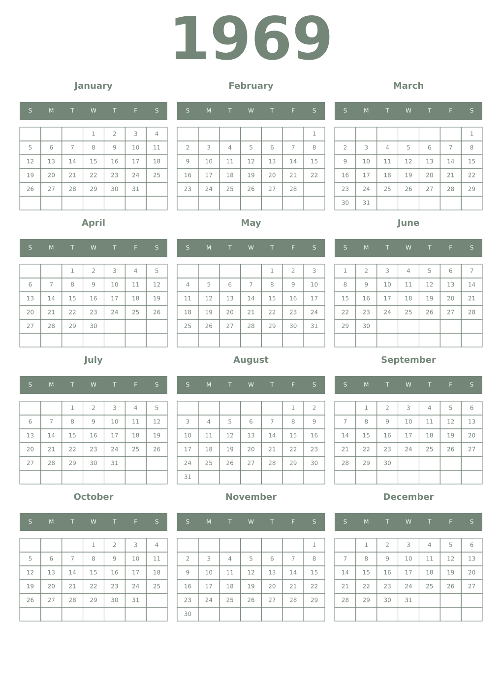 Printable 1969 Year Calendars xanadu