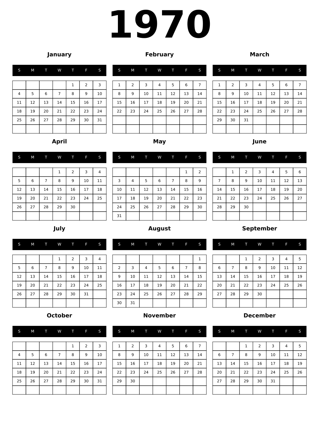 Printable 1970 Year Calendars black