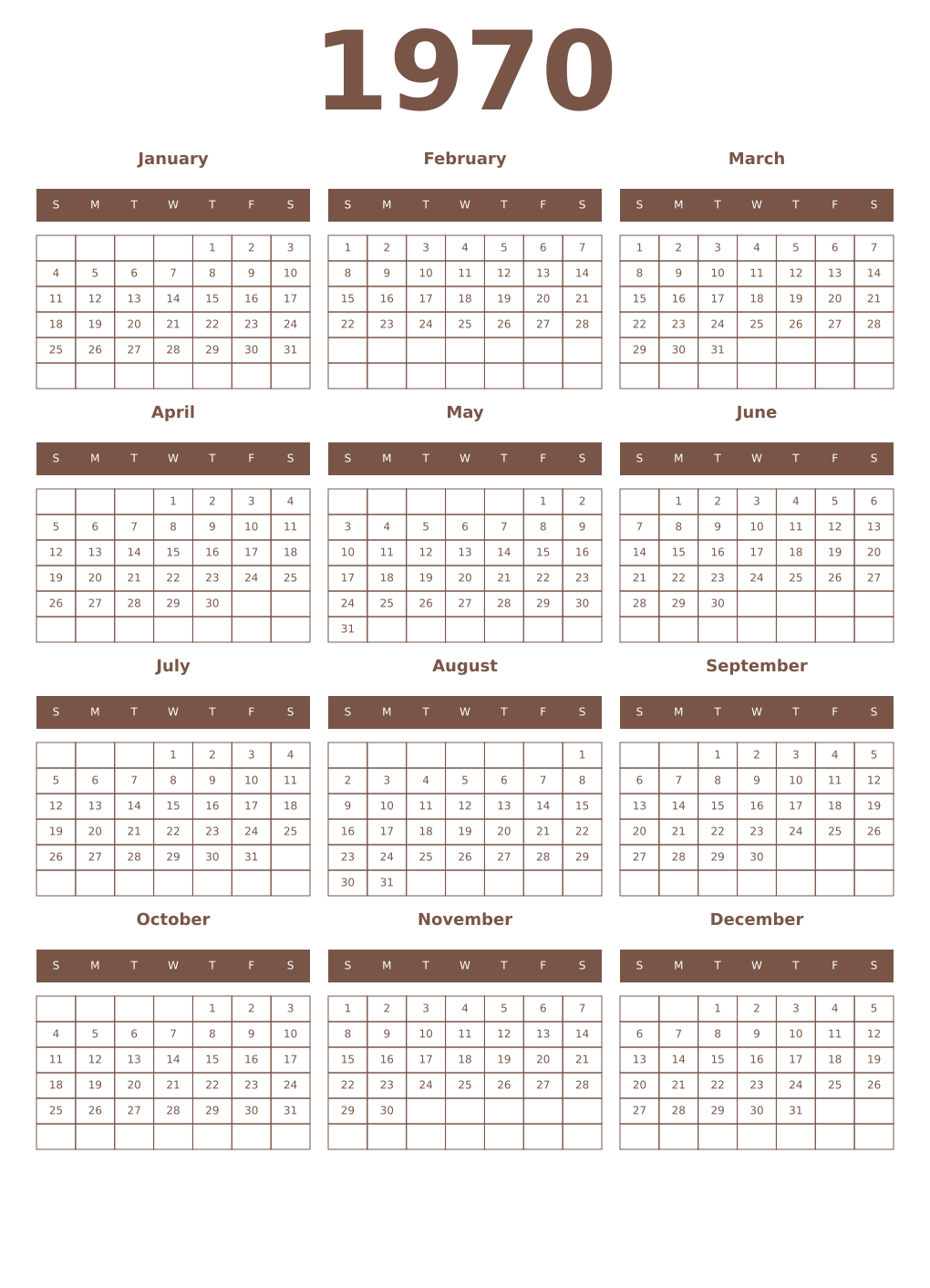 Printable 1970 Year Calendars coffe