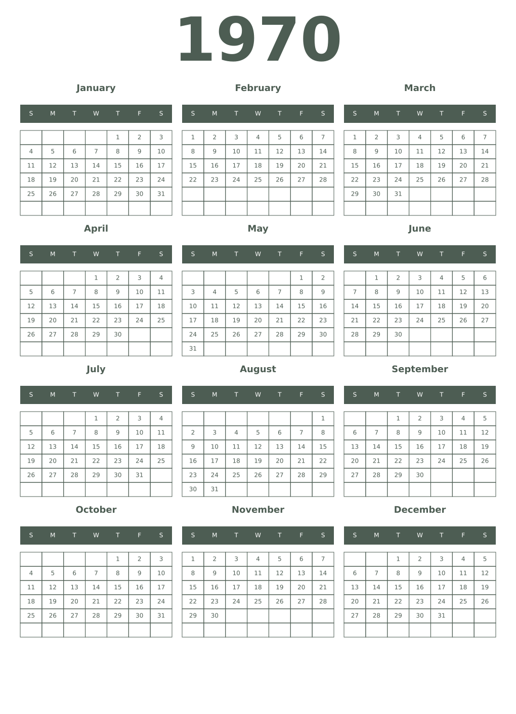 Printable 1970 Year Calendars feldgrau