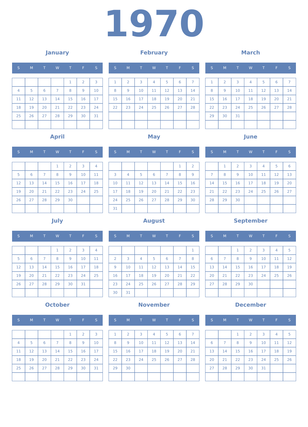 Printable 1970 Year Calendars glaucous
