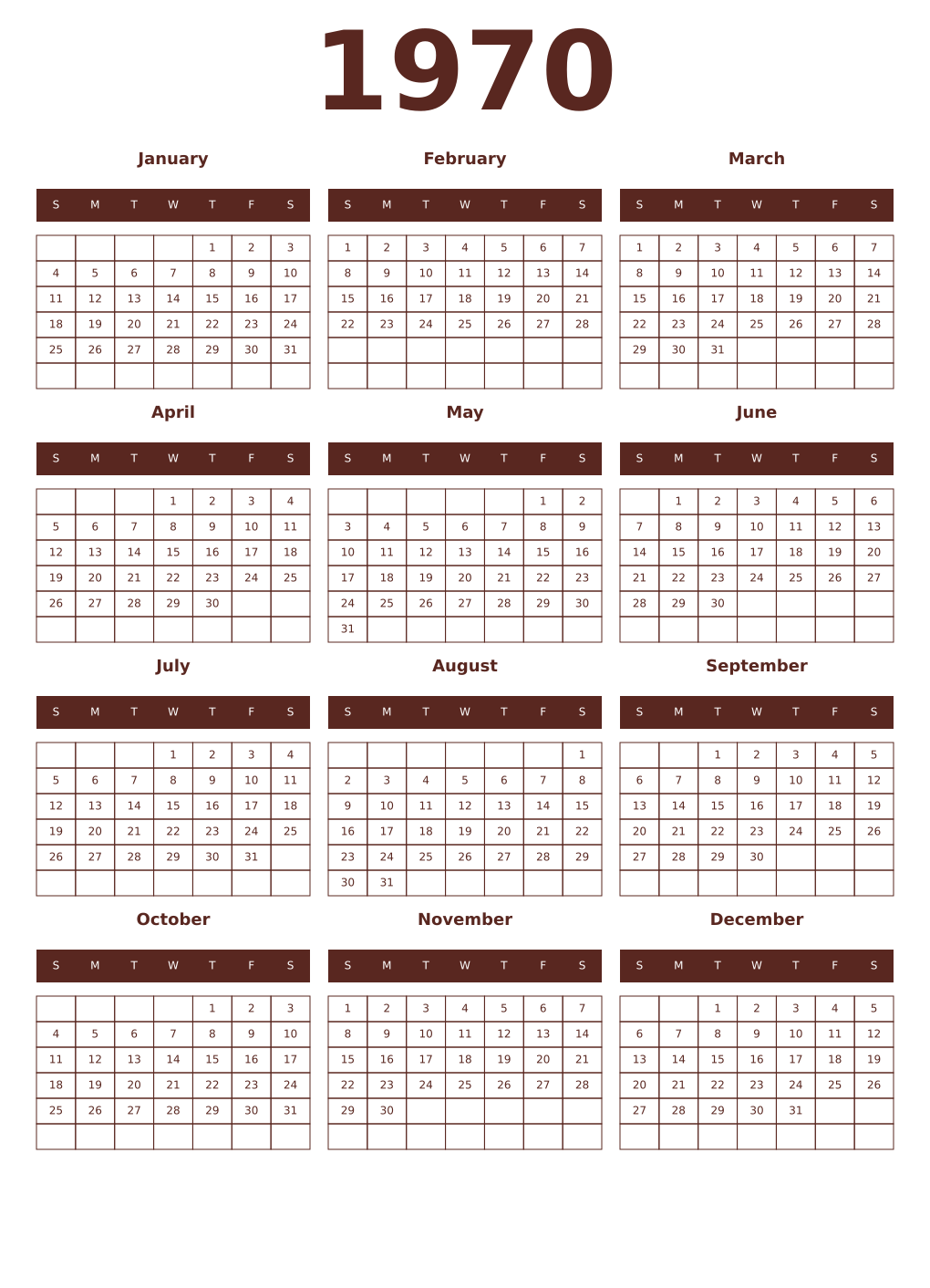 Printable 1970 Year Calendars mortuum